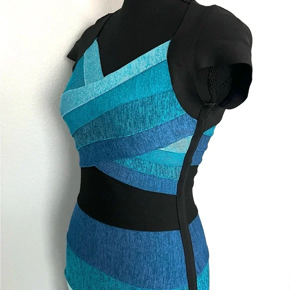 VENUS Teal and Black Striped Bandage Midi Dress - Picture 10 of 13
